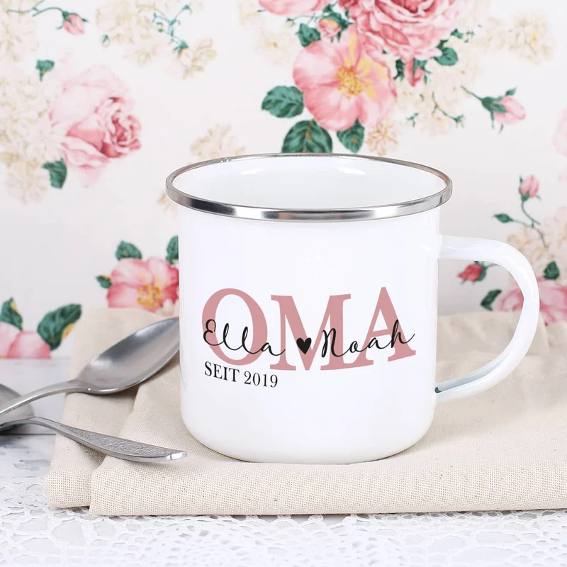 Emailletasse für die beste Oma mit Namensaufdruck der Enkelkinder