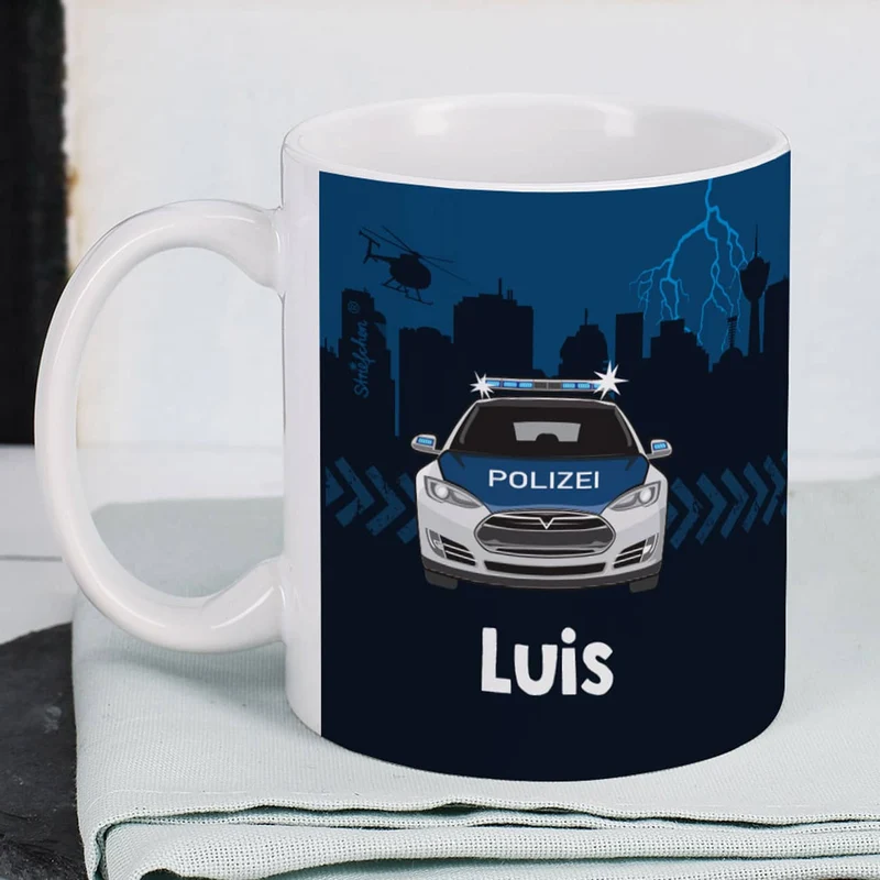 Keramiktasse mit Polizeiauto und Name