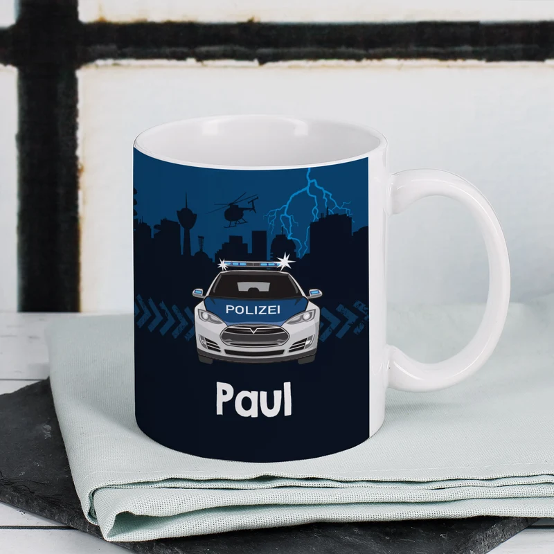 Keramiktasse mit Polizeiauto und Name