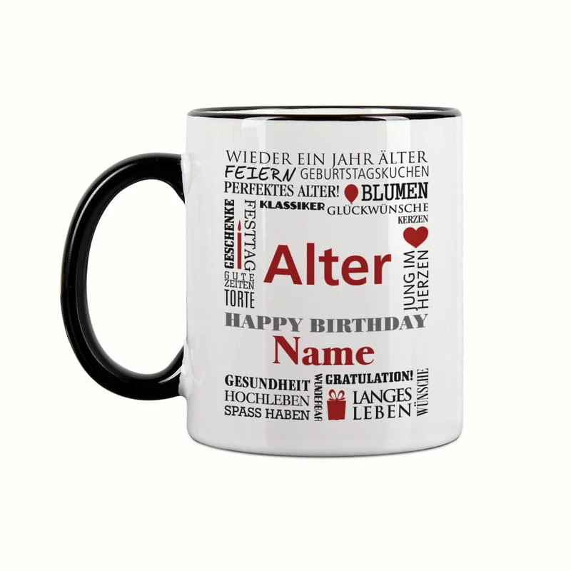 Geburtstagstasse mit guten Wünschen, Name, Alter und Glückwunschtext