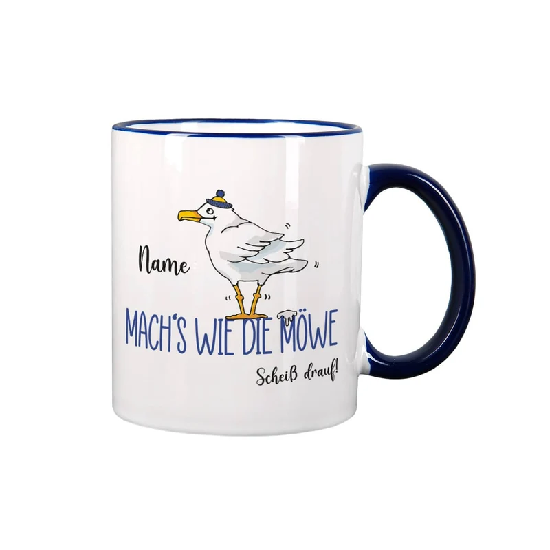 Mach's wie die Möwe... - Tasse mit Name und dunkelblauem Henkel