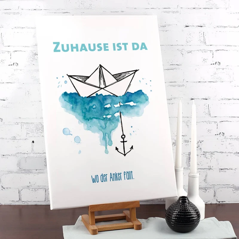 Heimathafen - Leinwand mit Papierschiffchen, Anker und Wunschtext 60x40cm