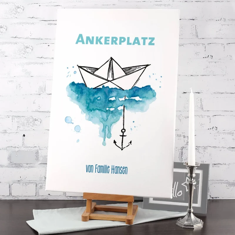 Heimathafen - Leinwand mit Papierschiffchen, Anker und Wunschtext 60x40cm