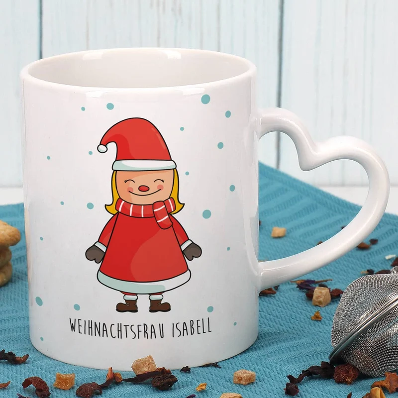 Paartassen mit Herzhenkel und Weihnachtsmotiv