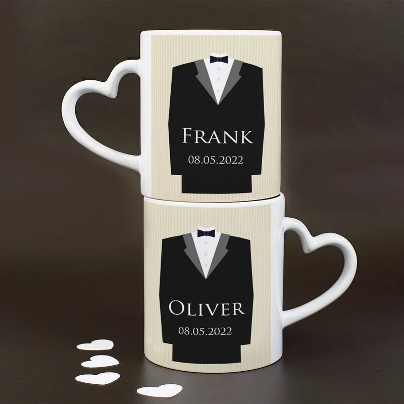 Hochzeitstassen für Bräutigam und Bräutigam mit Namen und Datum