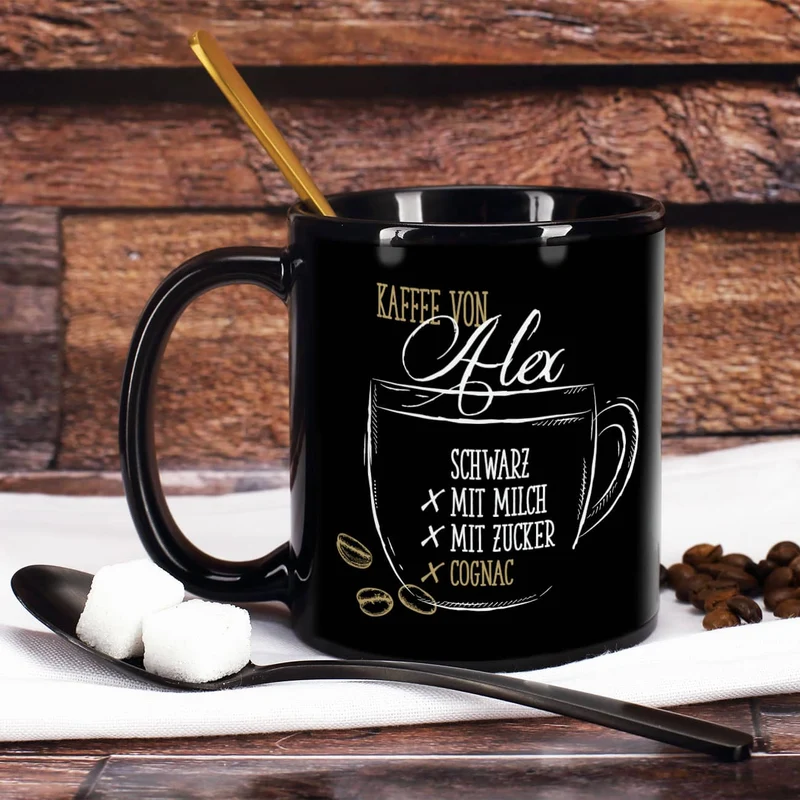 Schwarze individuelle Kaffeetasse - Kaffee schwarz, mit Milch oder Zucker