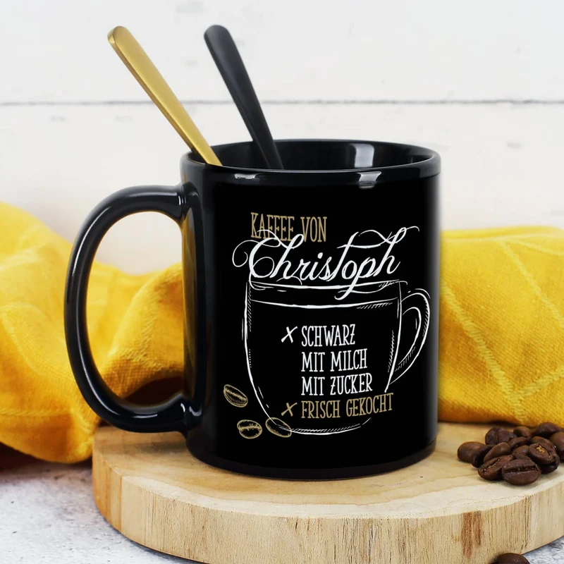 Schwarze individuelle Kaffeetasse - Kaffee schwarz, mit Milch oder Zucker