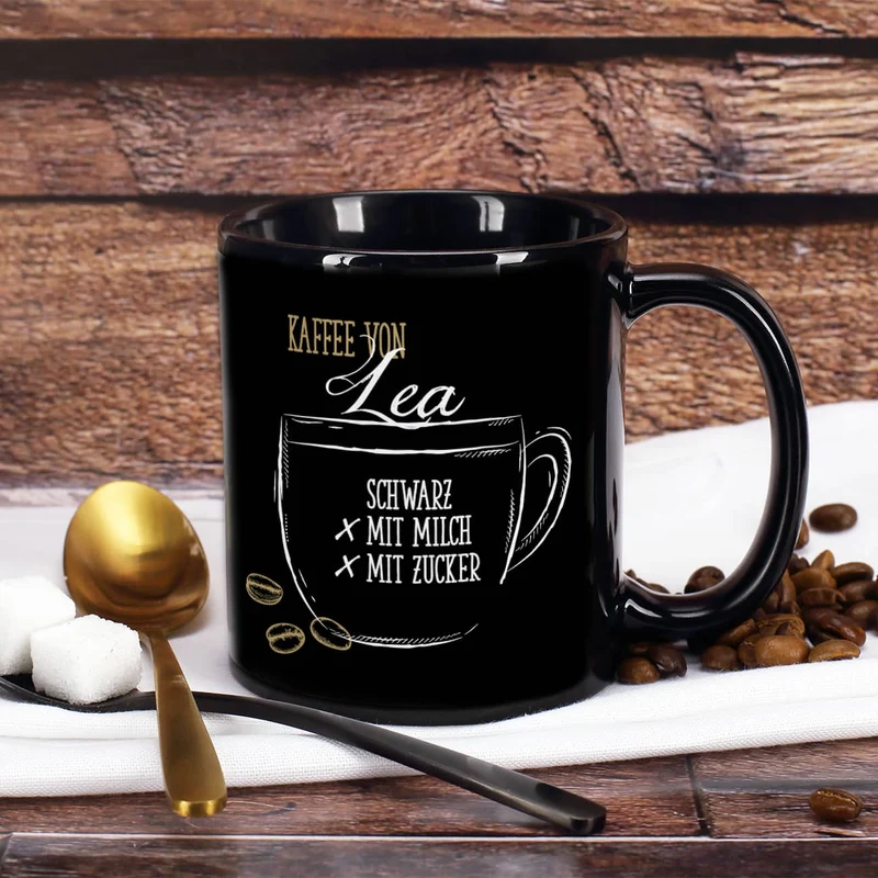Schwarze individuelle Kaffeetasse - Kaffee schwarz, mit Milch oder Zucker