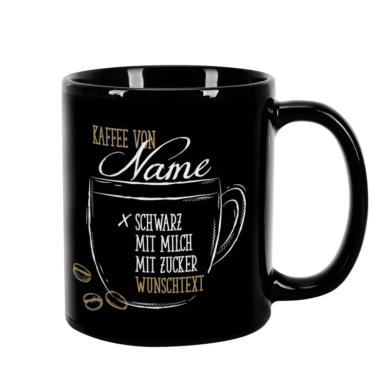 Schwarze individuelle Kaffeetasse - Kaffee schwarz, mit Milch oder Zucker