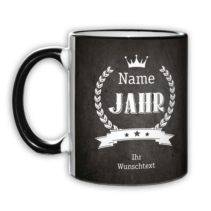 Tasse zum Geburtstag mit Name, Jahreszahl und Wunschtext