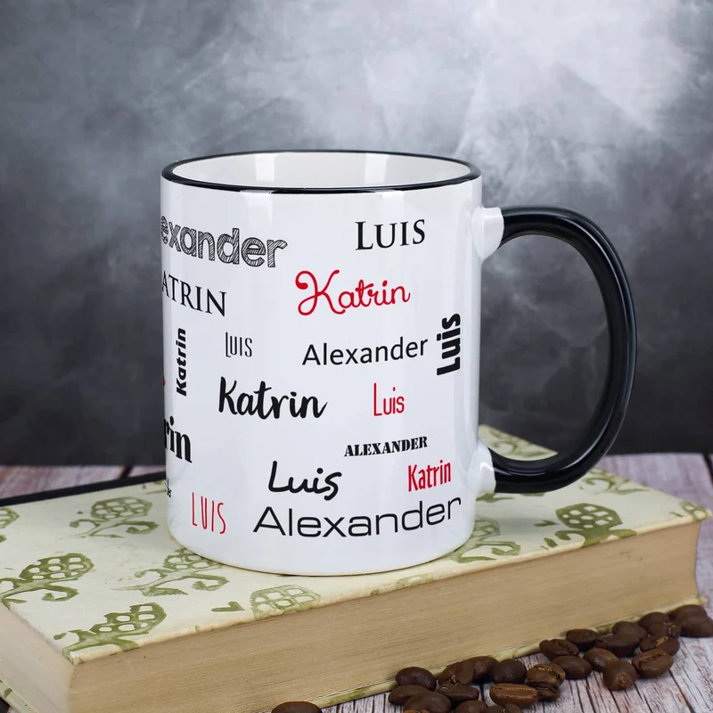 Familientasse mit drei Namen in verschiedenen Schriftarten - schwarz