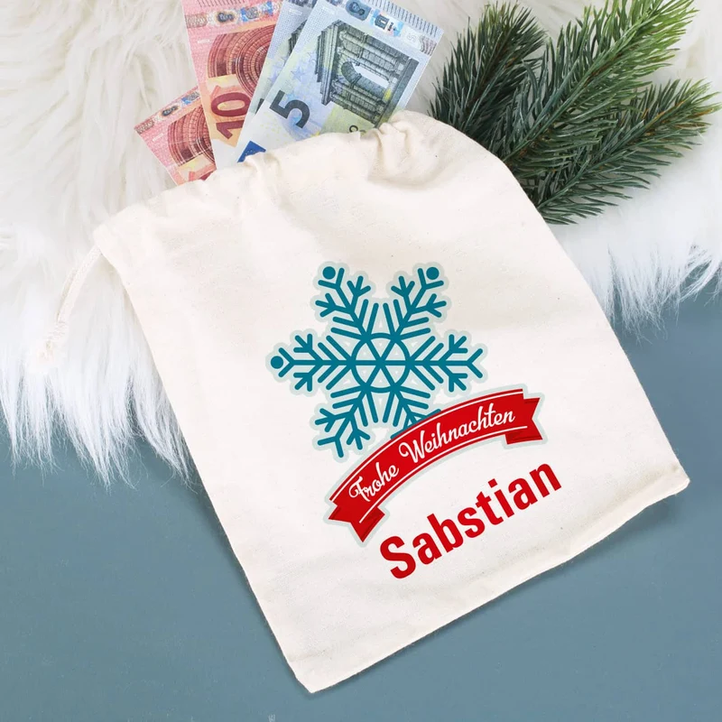Frohe Weihnachten - kleiner Geschenksack mit Schneekristall