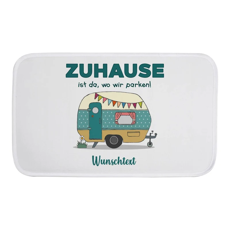 Camping Badematte mit Wohnwagen und Wunschtext