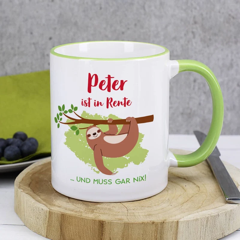 Tasse mit Faultier und Name - Geschenkidee für Rentner