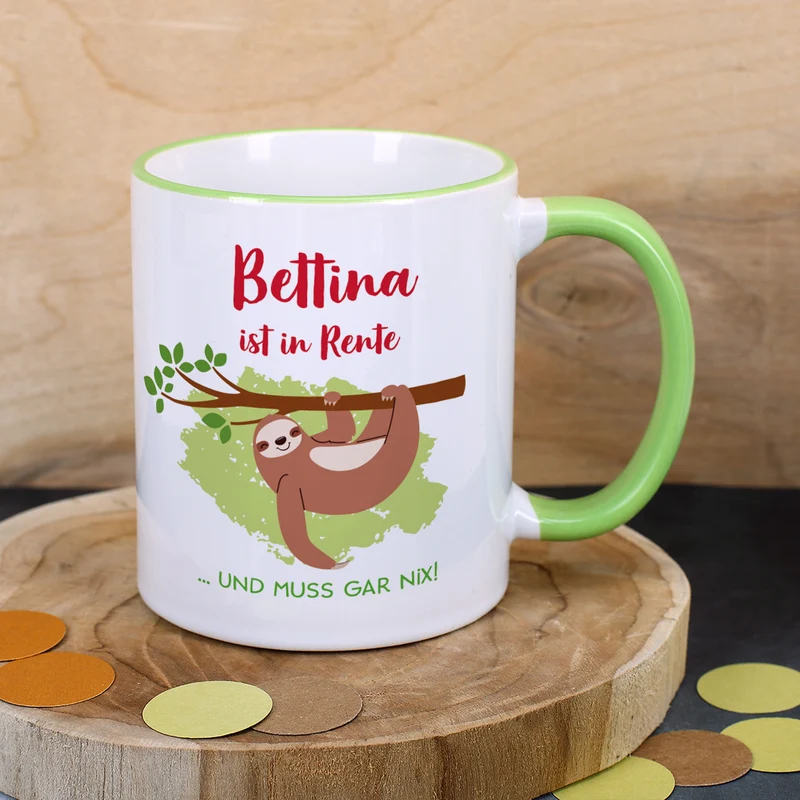 Tasse mit Faultier und Name - Geschenkidee für Rentner