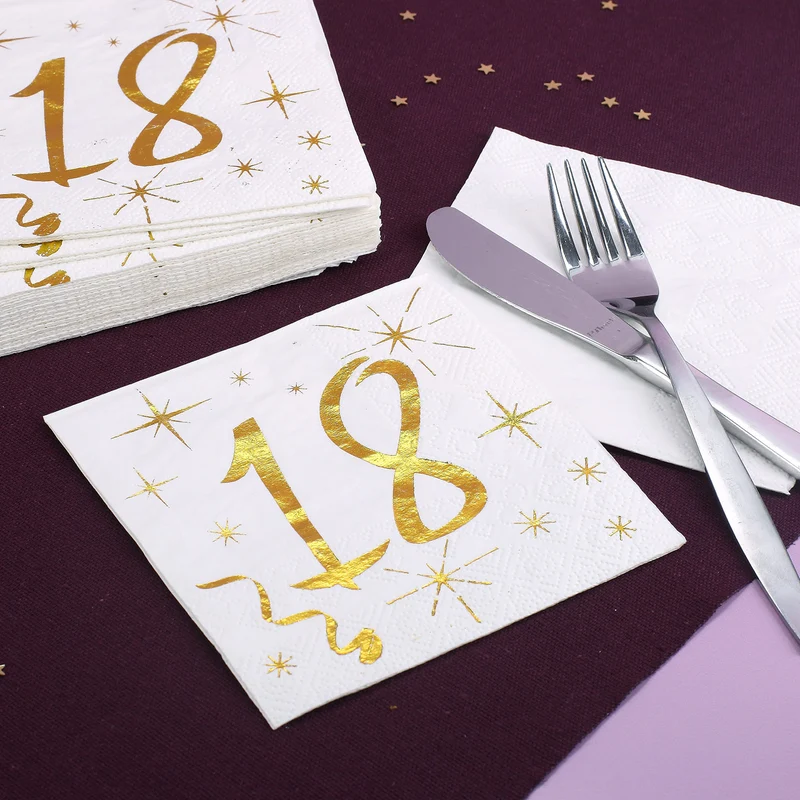 Weiße Servietten zum 18. Geburtstag in Gold-Metallic