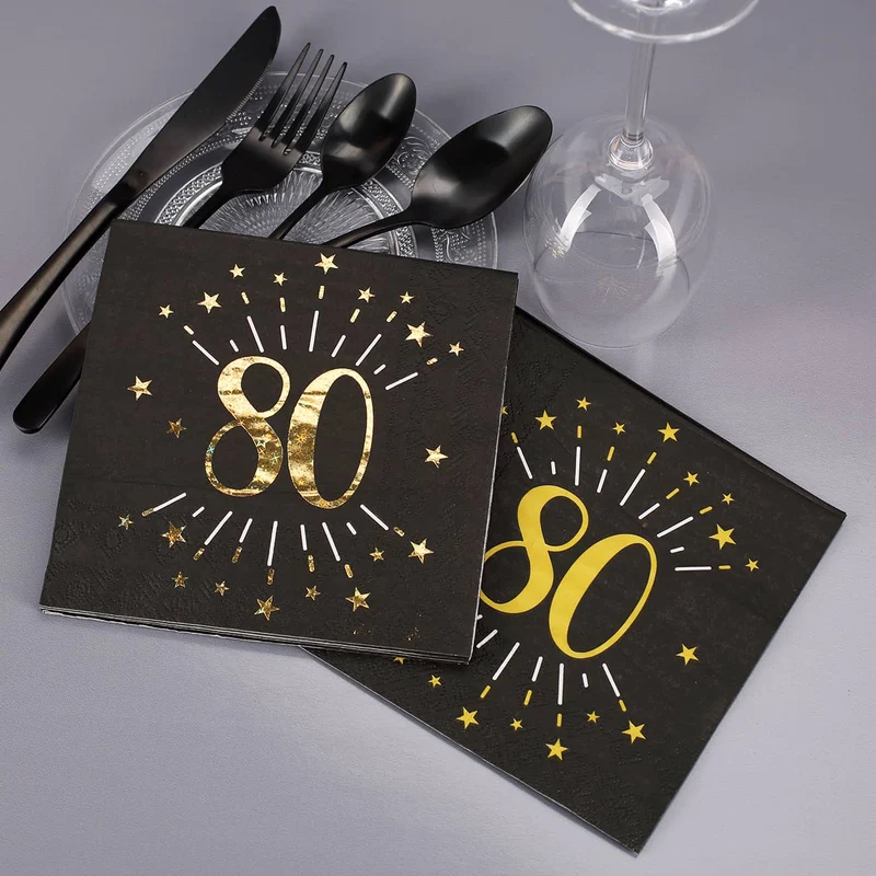 Servietten zum 80. Geburtstag - schwarz/gold-metallic