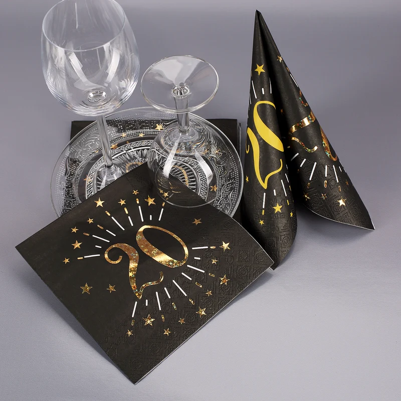Servietten zum 20. Geburtstag - schwarz/gold-metallic