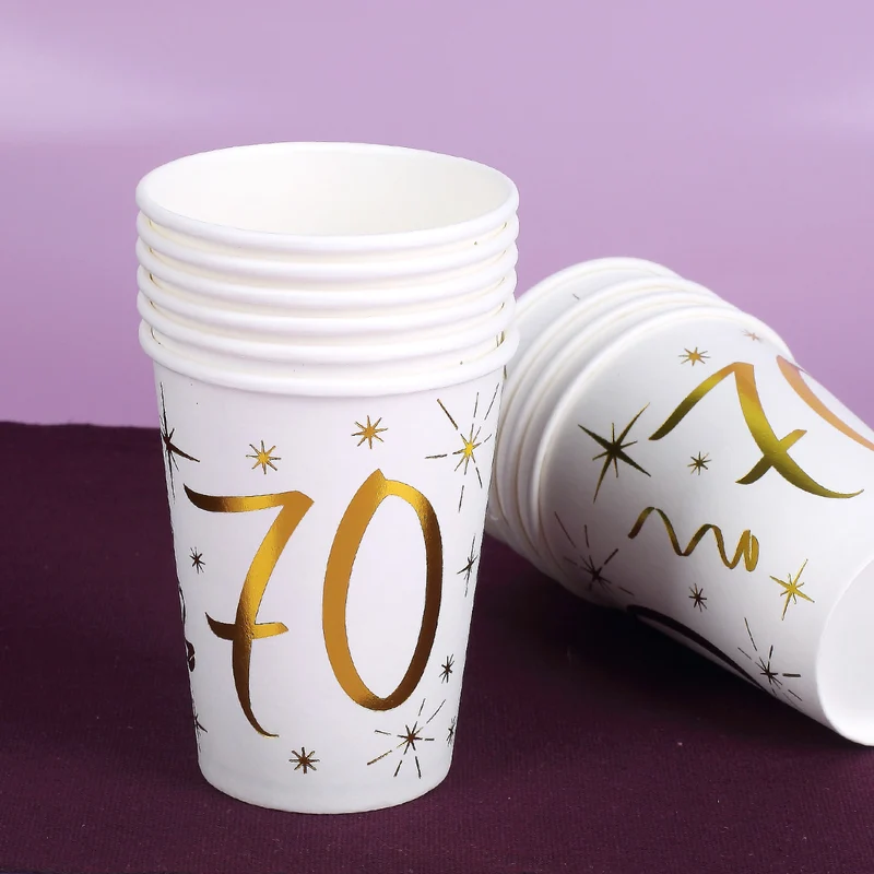 10 weiße Pappbecher mit Gold-Metallic zum 70. Geburtstag