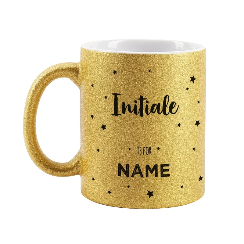 Goldene Glitzertasse mit Initiale und Name