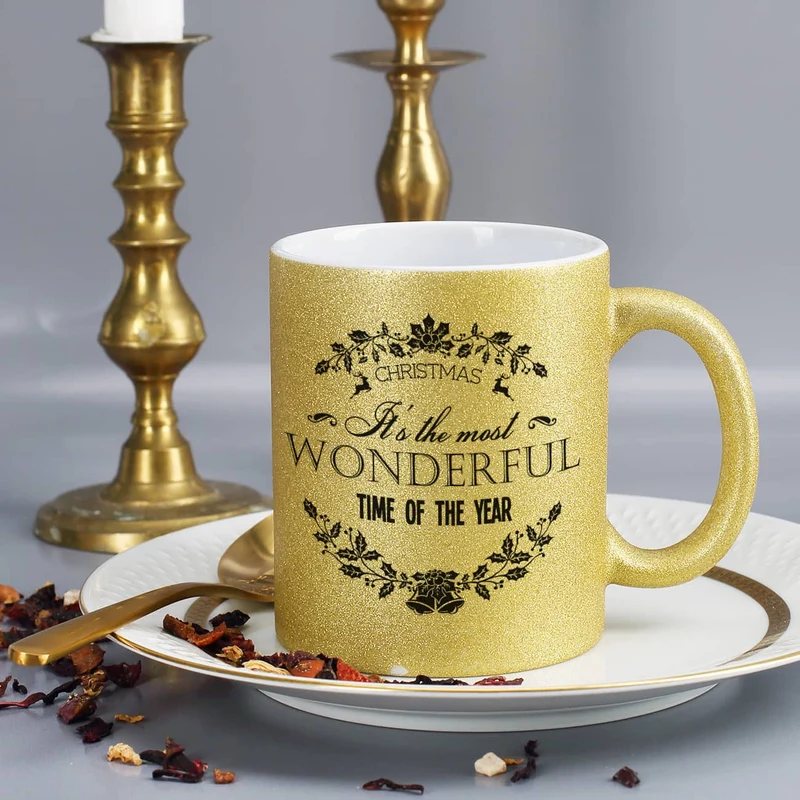 Goldene Glitzertasse - most wonderful time of the year - Weihnachtstasse mit Name