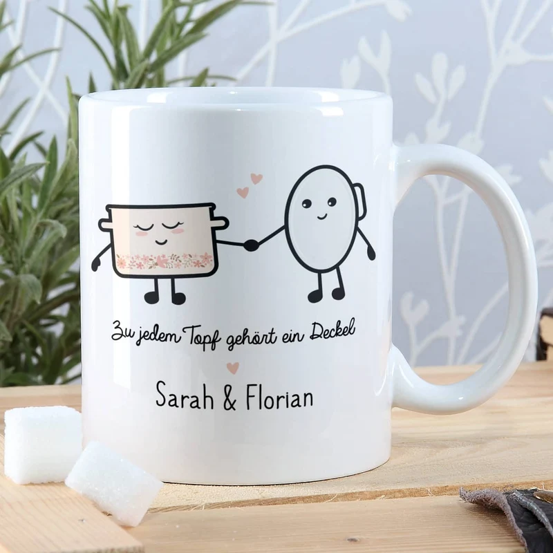 Süße Pärchen Tasse mit Topf und Deckel Motiv und Ihren Namen
