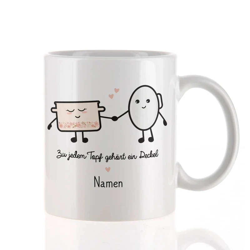Süße Pärchen Tasse mit Topf und Deckel Motiv und Ihren Namen