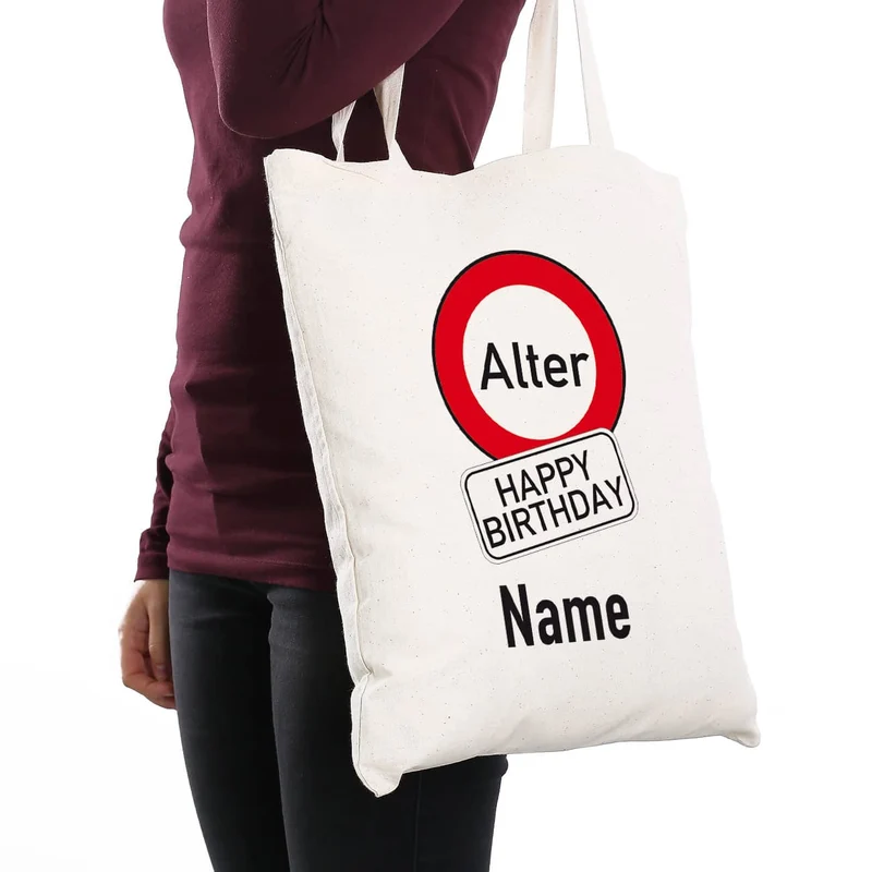 Baumwollbeutel zum Geburtstag mit Achtung-Verkehrszeichen, Alter und Name
