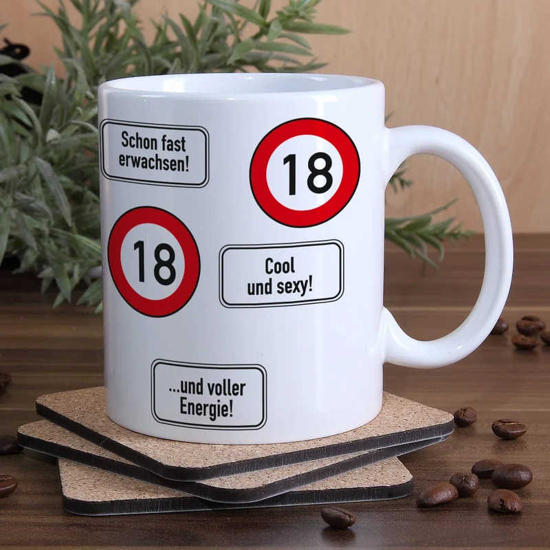 große Kaffeetasse zum 18. Geburtstag mit Verkehrszeichen - 18 -