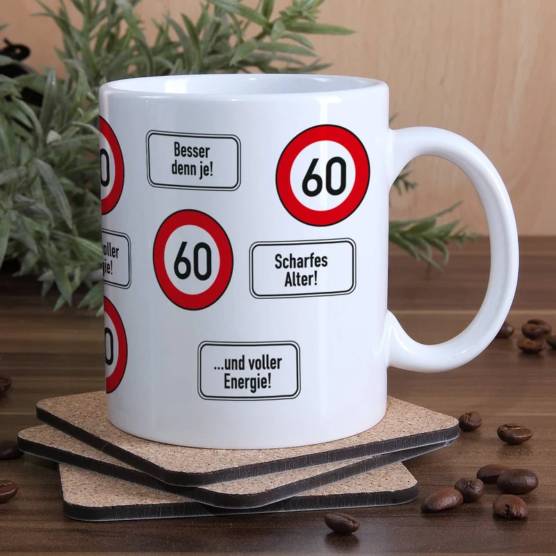 große Kaffeetasse zum 60. Geburtstag mit Verkehrszeichen - 60 -