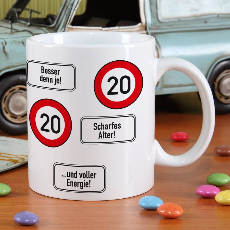 große Kaffeetasse zum 20. Geburtstag mit Verkehrszeichen - 20 -