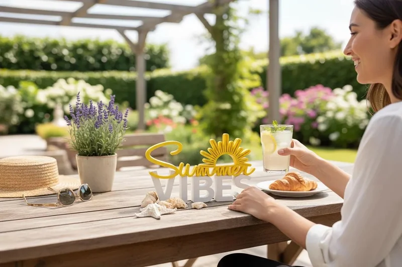 Summer Vibes Deko Aufsteller – Sommer Deko | 3D Druck Schriftzug mit Sonne | Balkon & Terrassen Deko | Geschenkidee Sommer