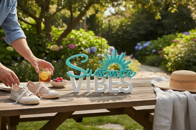 Summer Vibes Deko Aufsteller – Sommer Deko | 3D Druck Schriftzug mit Sonne | Balkon & Terrassen Deko | Geschenkidee Sommer