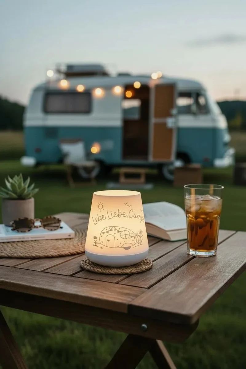 Camping Windlichtlampe – „Lebe Liebe Camping“ – Dekorative Lichthülle – für LED Teelicht – Ambientelicht Camper Geschenk