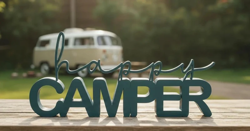 Happy Camper Deko Aufsteller – Moderne Camper Deko | Vanlife Geschenk | 3D Druck Schriftzug | Minimalistische Wohnmobil Deko